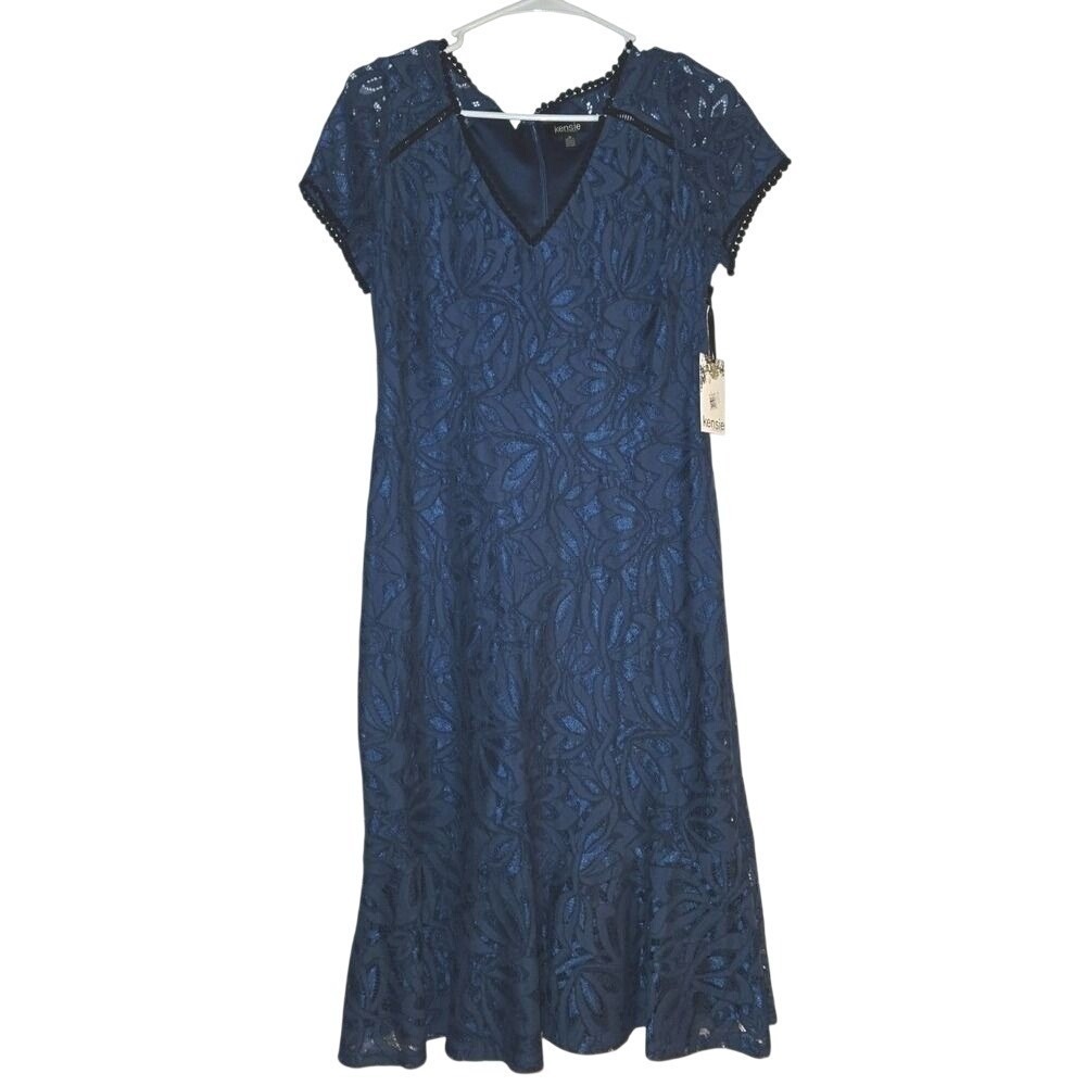 Kensie Lace Cocktail Dress 10 Blue Black Trim V Neck Romantic Wedding Guest NWT